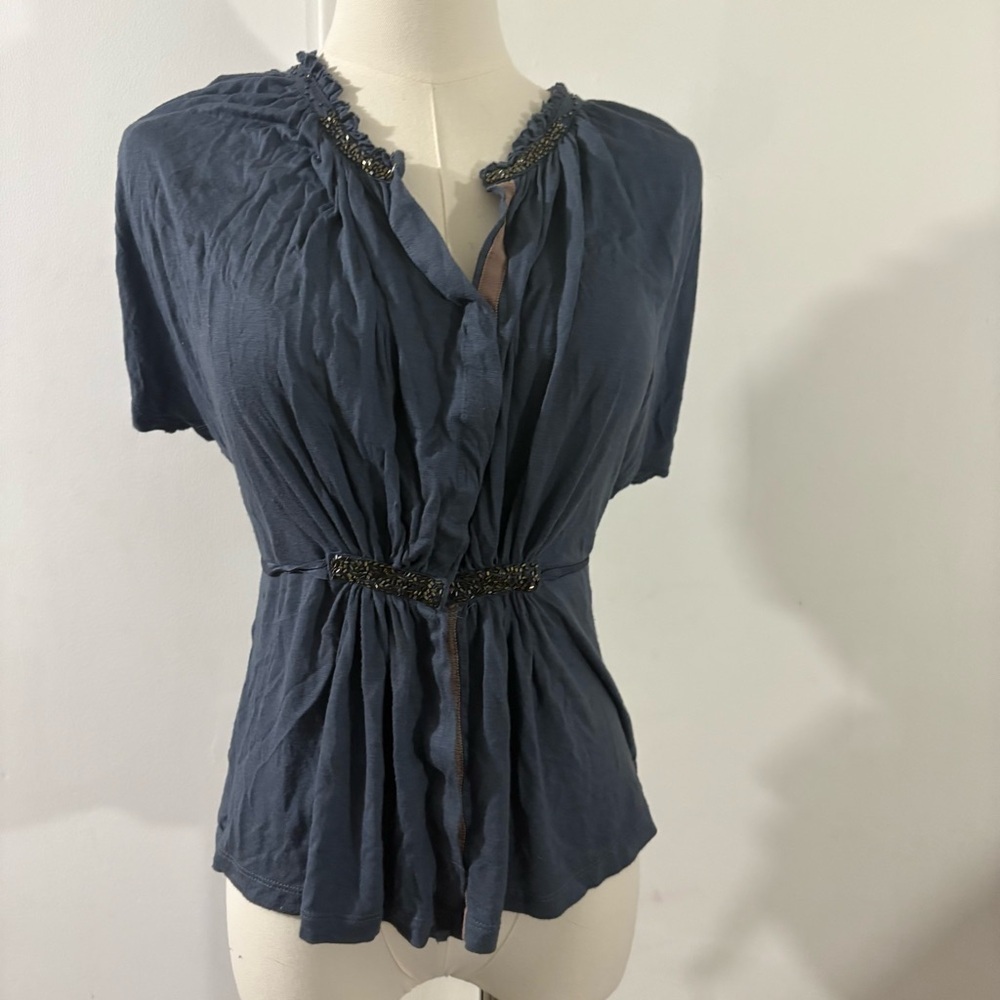 Anthropologie One September Beaded Tie Front Blouse Blue Sz Pet. Boho Fairy Y2K